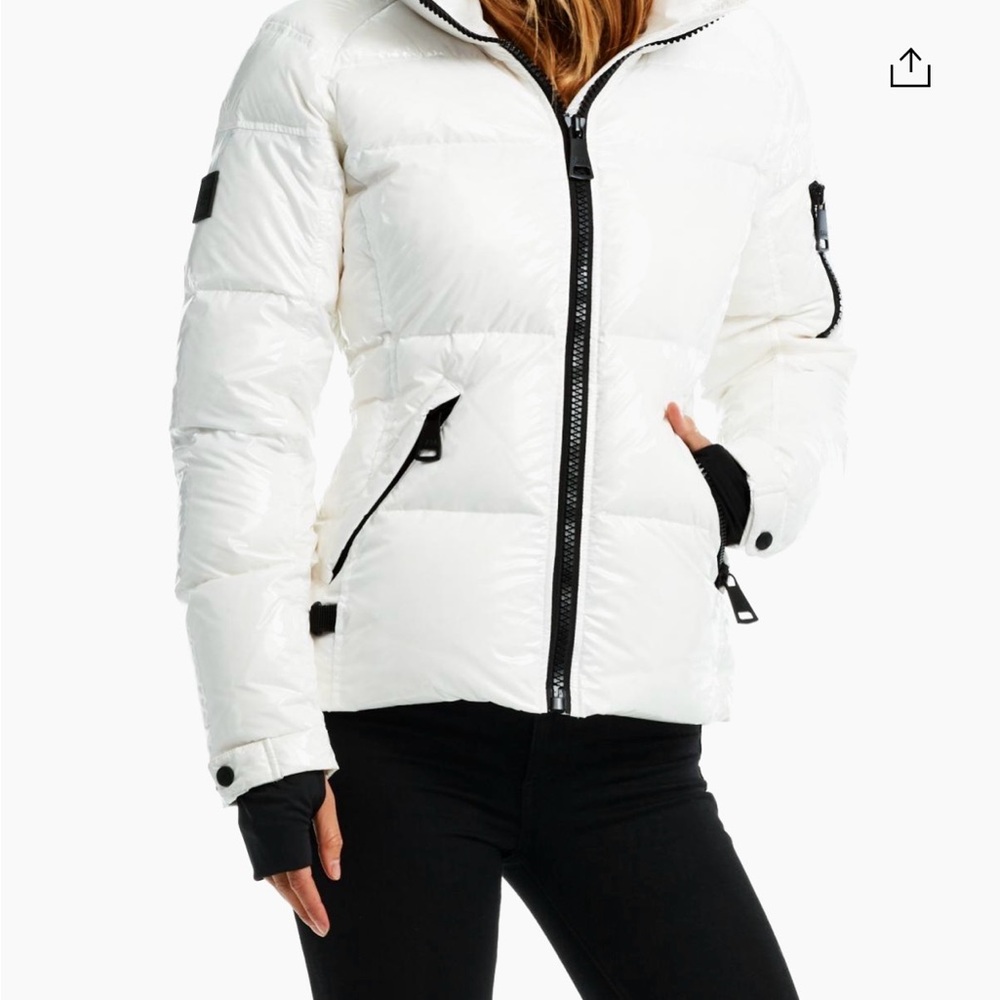NWT SAM. Women's White Quilted Puffer Jacket with Black Trim